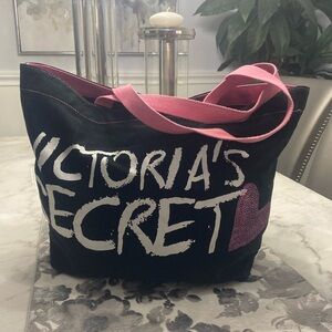 Victoria's Secret Black Tote with Pink Handles and Heart Accent